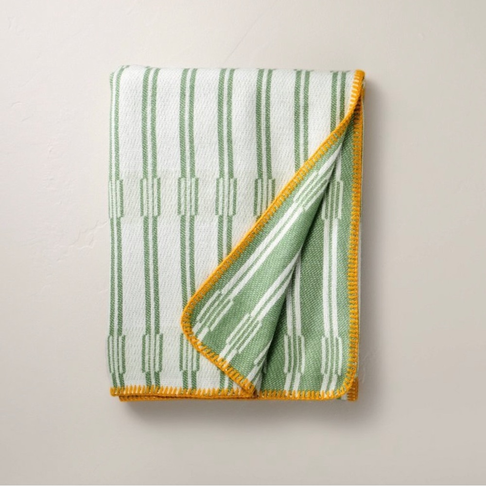 Hearth & Hand Magnolia Broken Stripe Border Stitch Throw Blanket Green/Yellow